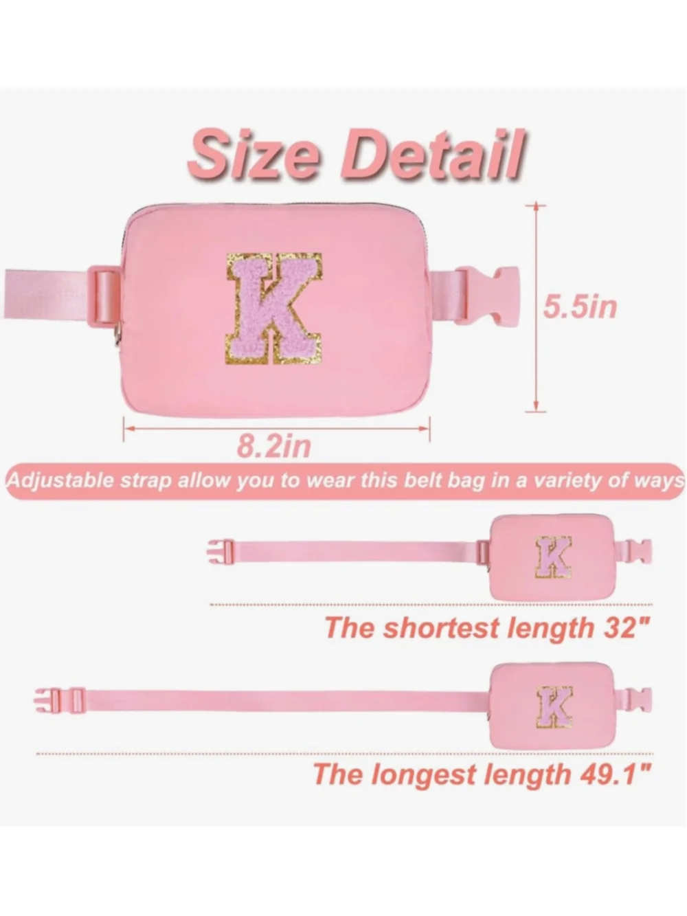 Girls Uygafly Belt Bag Crossbody One Size Pink Gold Initial K